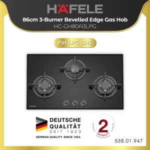 Hafele 86cm 3-Burner Bevelled Edge Gas Hob HC-GH80A3LPG
